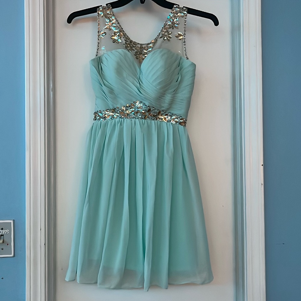 Blue bejeweled homecoming dress